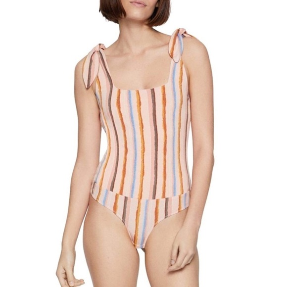 NWT BCBGeneration Revolve Multi Color Striped Tie Shoulder Thong Bodysuit - Picture 2 of 10